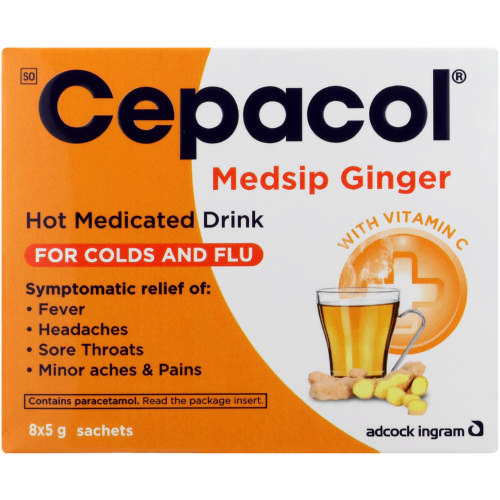Cepacol Medsip Ginger Sachets Relief of minor aches and pains, headaches and fever associated with the common cold and influenza.