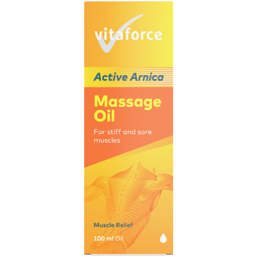 Vitaforce Active Arnica Massage Oil 50ml combines Arnica and Calendula flowers with Birch leaves to soothe aching and stiff muscles, joints and tendons. A hint of lavender and rosemary help increase blood circulation and increase muscle temperature to help it loosen up and relax.