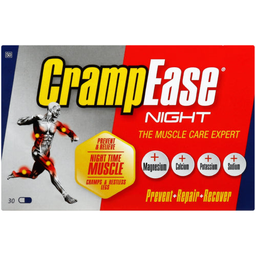 CrampEze Night 30's replenishes essential salts to remedy night-time muscle cramps caused by electrolyte imbalance. The stimulant-free formula has added chamomile to help you get a good night’s rest