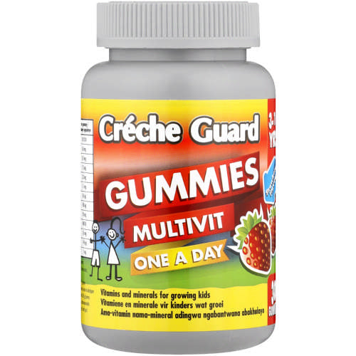 Creche Guard Gummies Multi-Vit 30 are multi vitamin and multi mineral fruity gummies. one-a-day help fight infections, promote healing, build strong teeth and healthy bones and help prevent bruising. It also provides essential vitamins and minerals for growing children and developing minds.