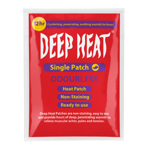 Deep Heat Heat Patch is activated when opened and can be applied directly to the skin to soothe minor aches, pains and stiffness in the joints and muscles. It is odourless and provides up to 8 hours of deep relieving warmth.