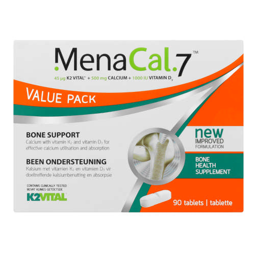 MENACAL-7 90 TABS Bone Support Health Supplement 90 Tablets supports optimal bone health with its blend of calcium, and vitamins D3 and K2 to aid calcium absorption.