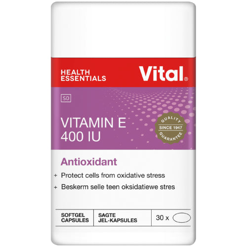 Vital Vitamin E Potent Antioxidant 30 Capsuleshelps to protect the body's cells from the damages caused by free radicals. It also help protect cells against oxidation.