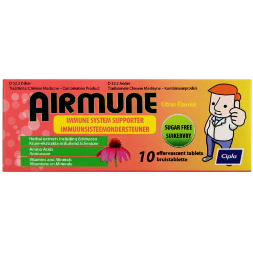 Airmune Immune System Supporter 10 Effervescent Tablets is a great tasting, citrus flavoured effervescent tablet and immune system supporter that's packed with minerals, vitamins and herbs.