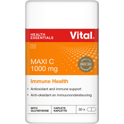 Vital Maxi C 1000mg Antioxidant & Immune Support 30 Tablets provides a high dose of vitamin C, a powerful antioxidant, to help maintain healthy cells and immune system functions. It also helps with gum, skin and connective tissue health and iron absorption.