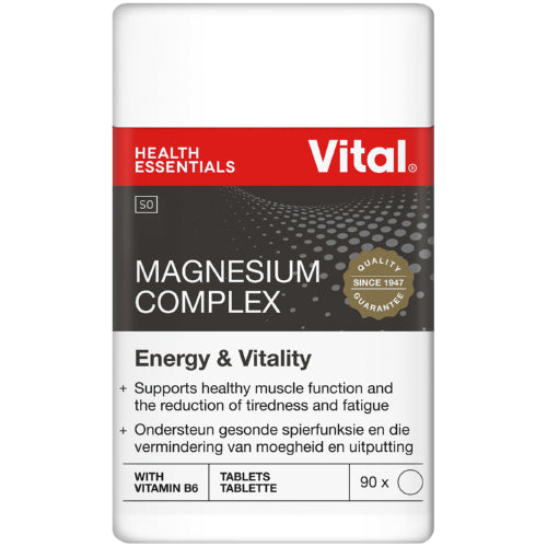 Vital Magnesium Complex With Vitamins B6 & C 100 Tablets provides the body with magnesium, which is essential for a healthy metabolism. It also helps promote a healthy nervous system. Vitamins B6 and C help with improved absorption.