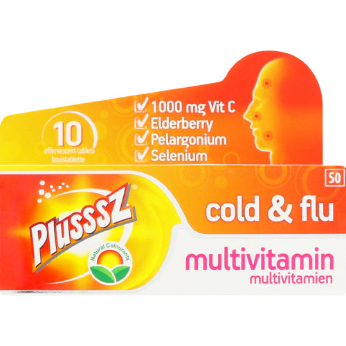 Plusssz Lemon-Orange Multivitamin Cold & Flu 10 Effervescent Tablets assist in combating conditions and symptoms associated with colds and flu 