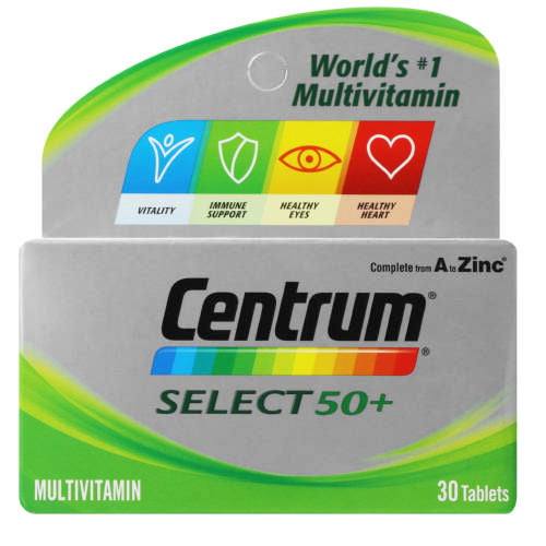 Centrum Select 50+ TAB 30 multivitamins to complement their intake of healthy foods. Suitable for diabetics and lactose intolerant persons. GMO free.