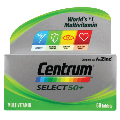 Centrum Select 50+ TAB 60 multivitamins to complement their intake of healthy foods. Suitable for diabetics and lactose intolerant persons. GMO free.