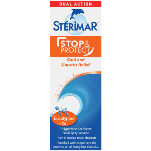 Sterimar Stop & Protect Cold And Sinusitis Nasal Spray is clinically proven to rapidly decongest and sooth the nasal passages in the event of colds and sinusitis. This 100% natural sea water based nasal spray, is rich in marine minerals renowned for their therapeutic properties, and enriched with copper salt and Eucalyptus.