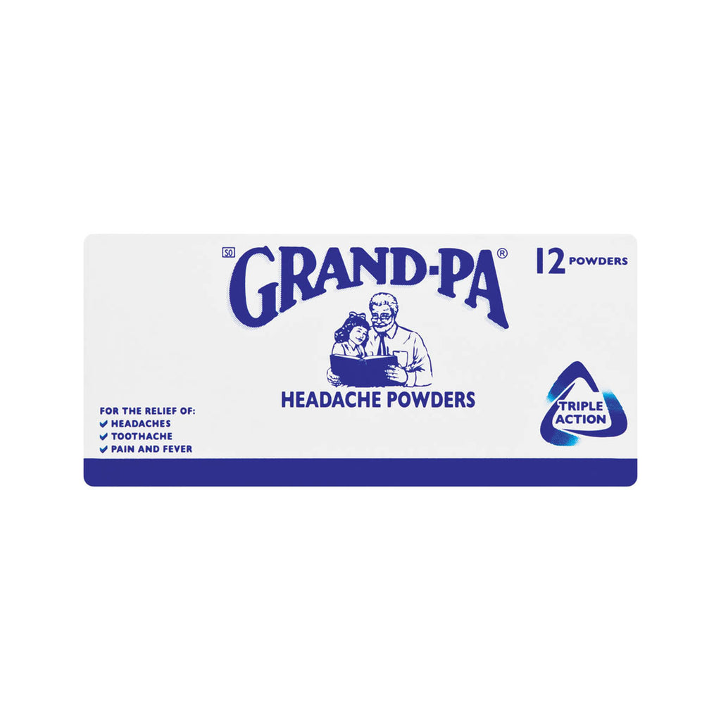 Grand-Pa 12 Headache Powders help with the relief of mild to moderate pain caused by headaches, toothaches, colds and flu. Each powder contains: aspirin 453.6 mg, paracetamol 324.0 mg, caffeine 64.8 mg