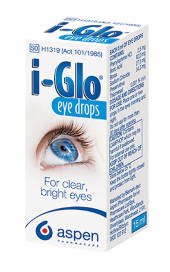 I-Glo available over-the-counter is used to relieve redness, burning, irritation, and dryness of the eye caused by wind, sun, and other minor irritants.