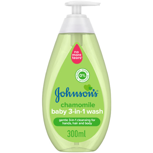 Johnsons Baby 3in1 Wash Chamomile 500ml is hypoallergenic and pH balanced with a touch of chamomile extract. It provides gentle 3-in-1 cleansing for delicate hands, hair and body. It lathers quickly and rinses easily, leaving your baby's skin and hair clean and feeling healthy.