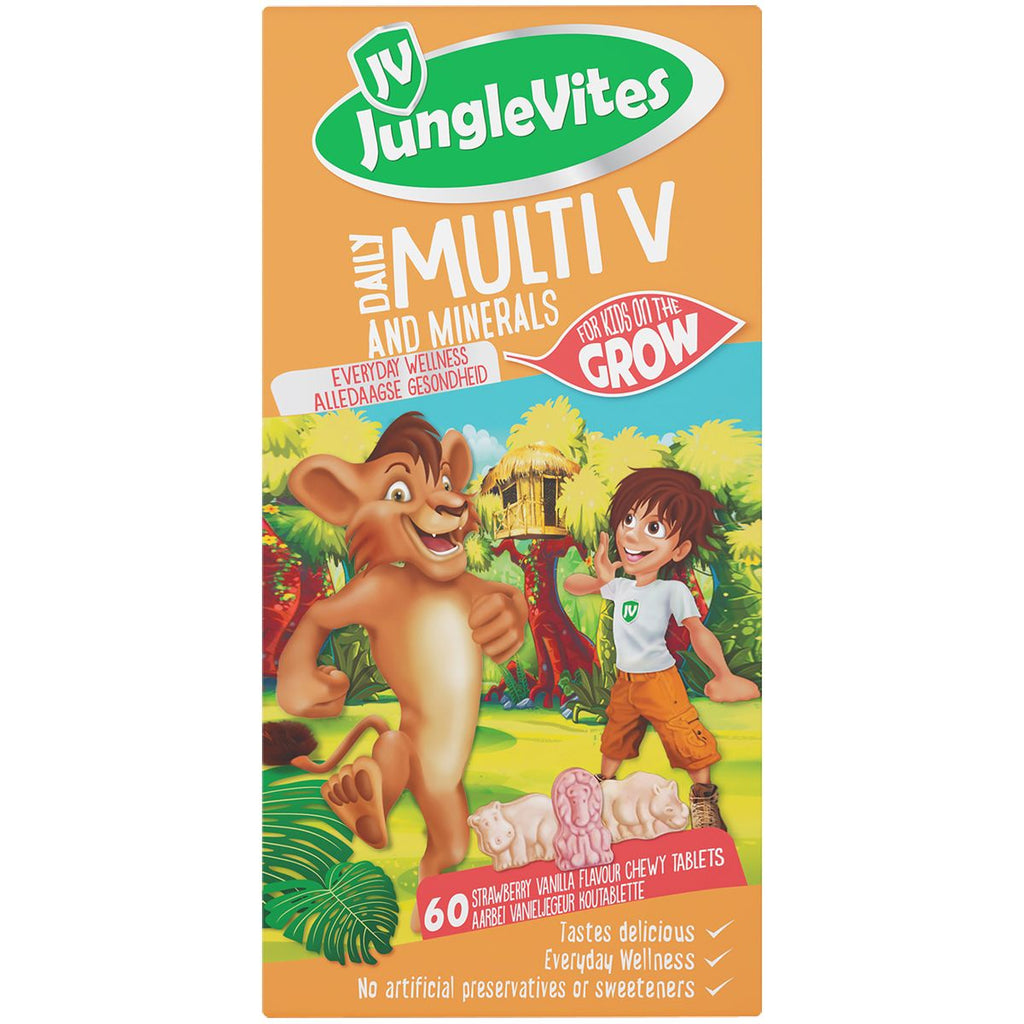 Junglevites multi V & minerals 60s packed with all the essential minerals and vitamins little bodies need. They are chewable, have animals shapes, and a delicious strawberry-vanilla flavour to make them enjoyable for kids to take.