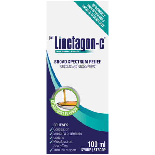 Linctagon-C Adult Cold & Flu Syrup 200ml Helps combat coughing, sore throat, runny nose, body aches and pains, sneezing and provides allergy support.