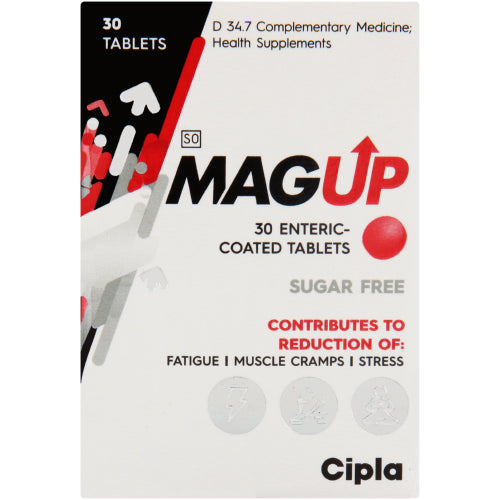 Cipla MagUp Enteric-Coated Tablets 30’s are effective in reducing muscle cramps, fatigue, and stress. Magnesium assists with the utilisation of proteins and helps to maintain a healthy nervous system. Sugar-free tablets.
