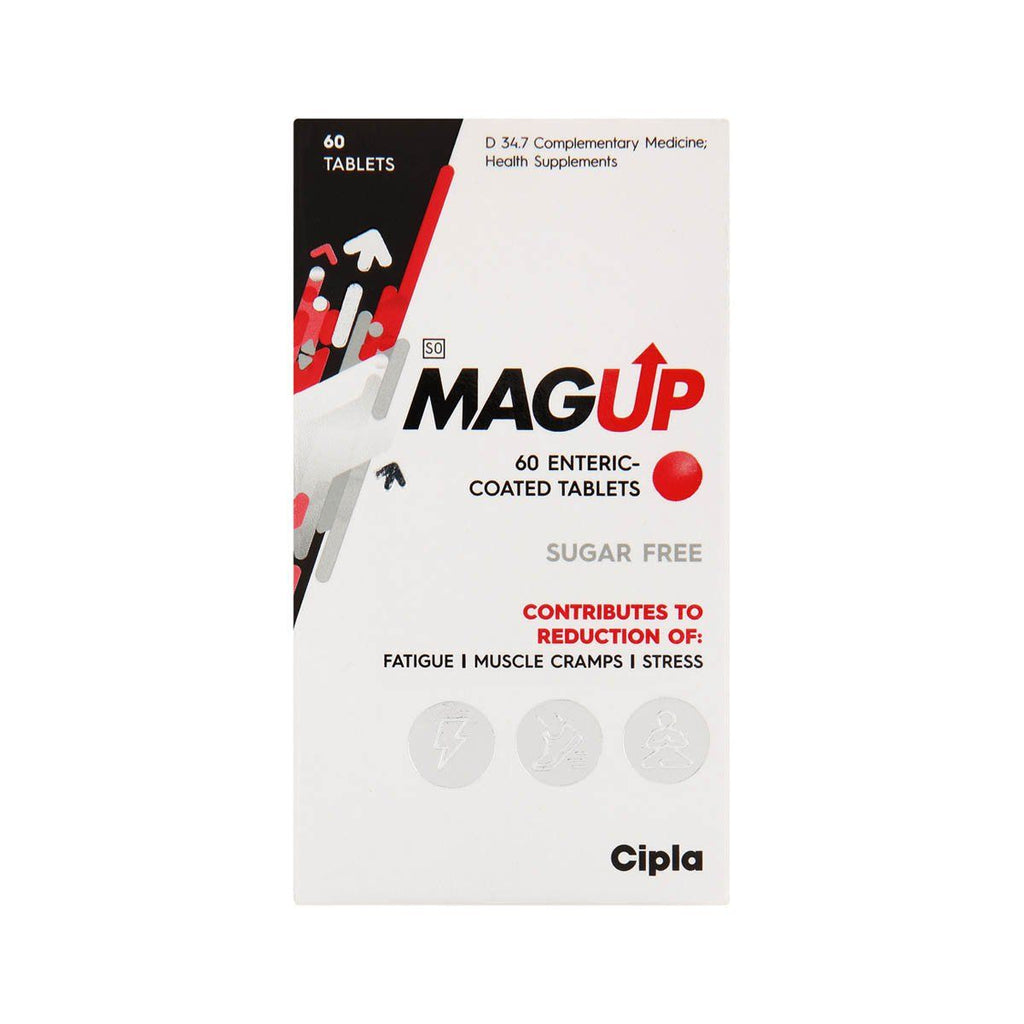 Cipla MagUp Enteric-Coated Tablets 60’s are effective in reducing muscle cramps, fatigue, and stress. Magnesium assists with the utilisation of proteins and helps to maintain a healthy nervous system. Sugar-free tablets.