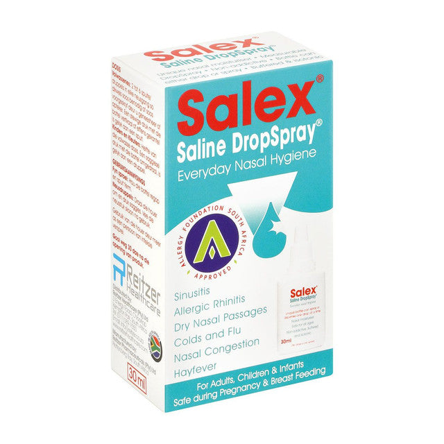 Salex Saline DropSpray 30ml is formulated to provide everyday nasal hygiene. It can help clear and moisturise the nose, and relieve nasal congestion during hayfever, colds, flu, sinusitis and allergic rhinitis. For adults, children &amp; infants.