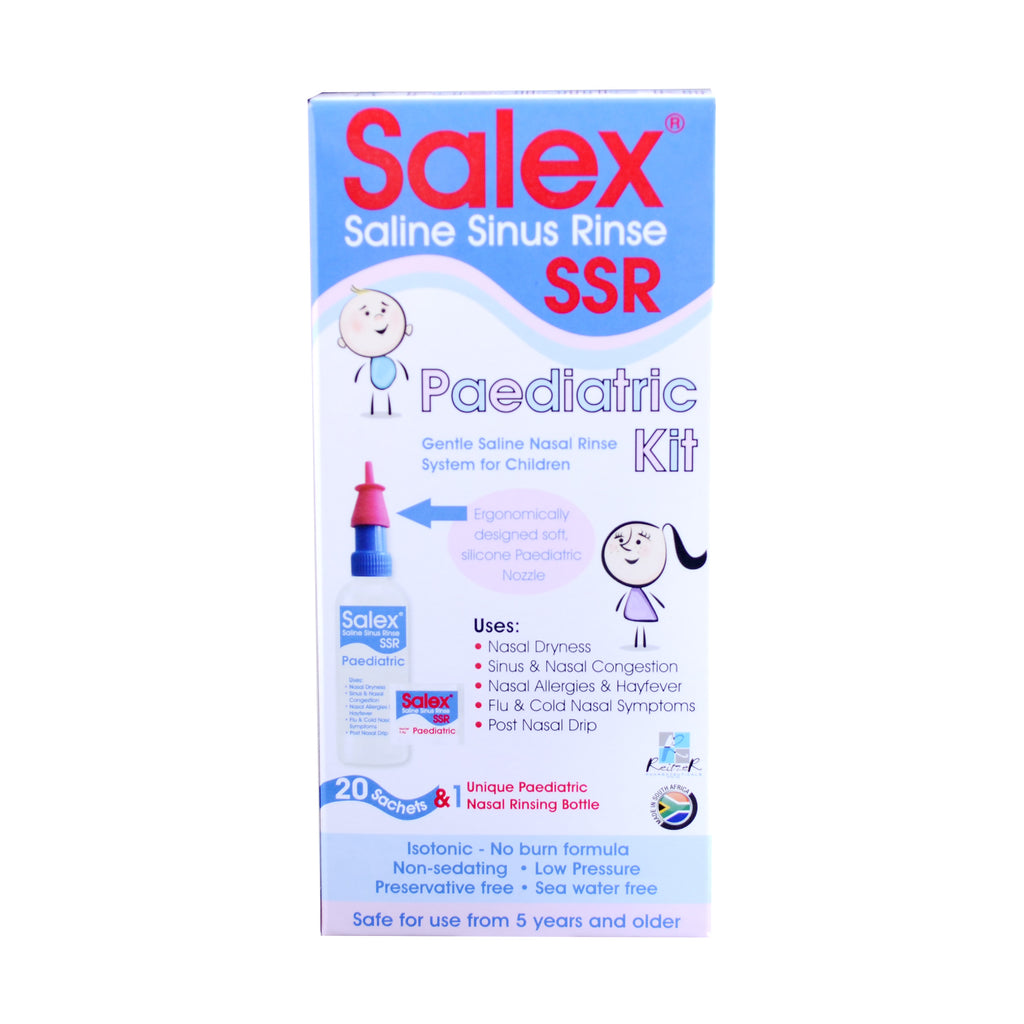 Salex Saline Paediatric Kit is ideal for rinsing your little ones sinuses. Made specifically with kids in mind, the paediatric kit relieves nasal dryness, sinus and nasal congestion, post nasal drip and assists with nasal and hayfever allergies.