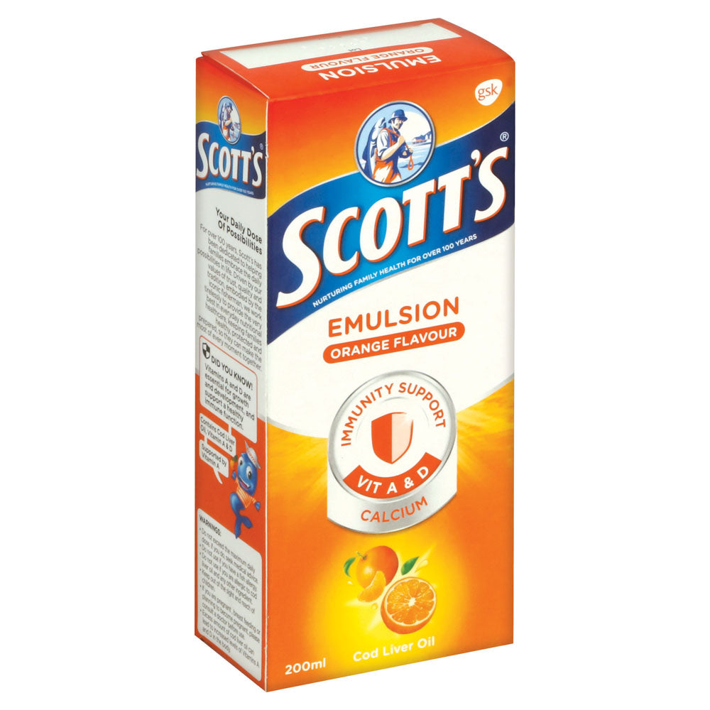 Scott's Emulsion Cod Liver Oil Orange 200ml has been helping families stay healthy for over 100 years. It is made from cod liver and is high in vitamins A & D, which help with growth and development, and promote a healthy immune system