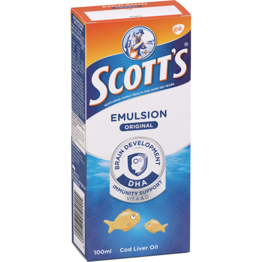 Scott's Emulsion Cod Liver Oil Original 100ml has been helping families stay healthy for more than 100 years. It is made from cod liver and is high in vitamins A and D, which help with growth and development, and promote a healthy immune system.