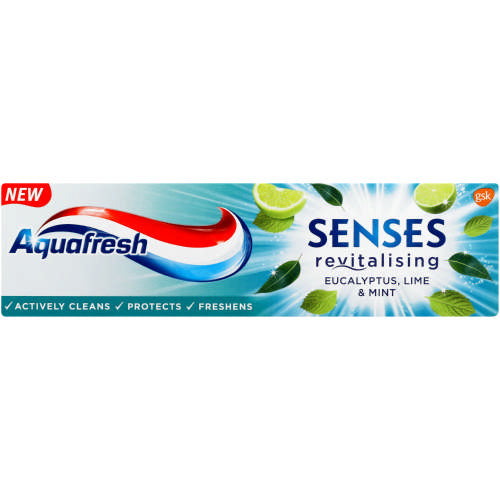 Aquafresh Senses Eucalyptus,Lime & Mint Will awaken your mouth and your senses with a revitalising boost of instant freshness for a sensational clean.