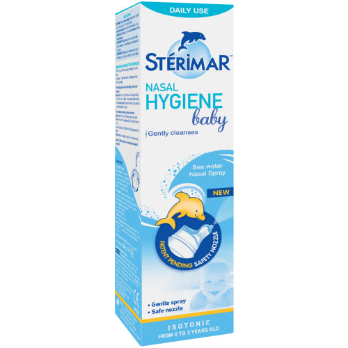 Sterimar Baby Nasal Hygiene Spray 50ml uses isotonic filtered sea water to help relieve nasal congestion in babies from 0 to 3 years old. Its all-natural formula is free from preservatives and is very gentle.
