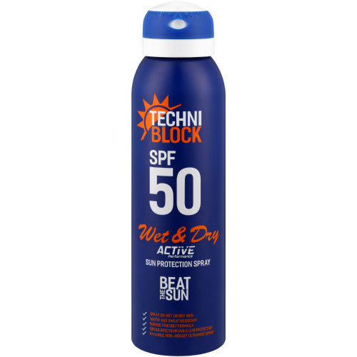 Techni Block Wet & Dry SPF50 Sun Protection Spray 150ml is a water and sweat resistant, non-greasy ultra-mist active performance formula, that you can apply to wet or dry skin for protection against the sun's harmful UVA and UVB rays. Oxybenzone-free.