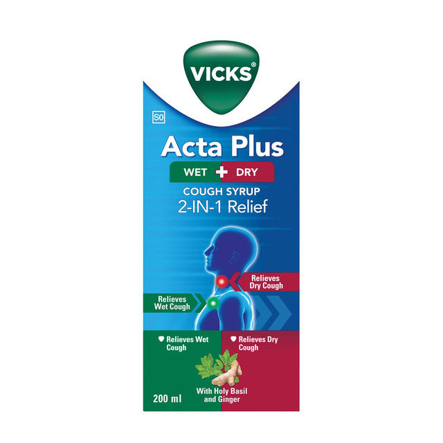 Vicks Acta Plus Cough Syrup 200ml with Holy Basil and ginger is specially formulated to provide 2-in-1 relief for both wet and dry coughs.