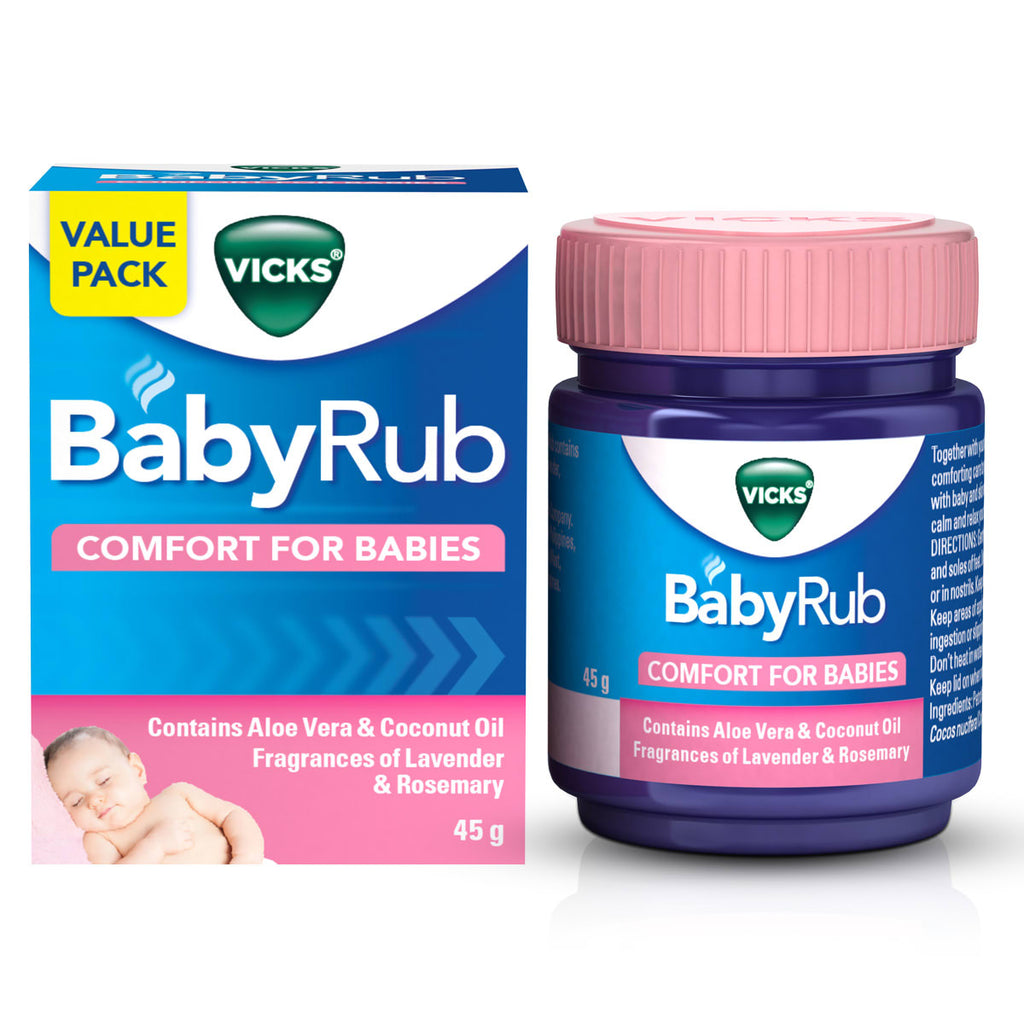 Vicks Rosemary & Lavender BabyRub 50g works to gently moisturise soothe, calm and relax your baby. It contains fragrances of rosemary, lavender, eucalyptus and aloe vera extract for babies from 3 months and is suitable for children up to 5 years