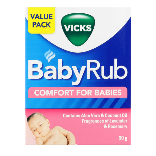 Vicks Rosemary & Lavender BabyRub 90g works to gently moisturise soothe, calm and relax your baby. It contains fragrances of rosemary, lavender, eucalyptus and aloe vera extract for babies from 3 months and is suitable for children up to 5 years