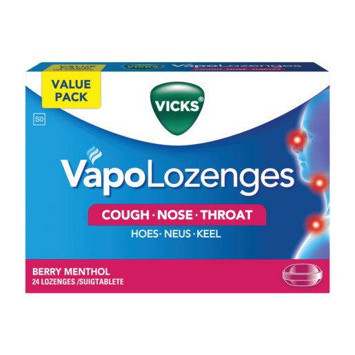 Vicks Vapo Lozenges Berry Menthol soothes a sore throat. It also relieves a bad cough and clears a blocked nose.It gives relief to dry coughs associated with colds and flu. The product has a refreshing berry menthol flavor. It helps let your voice be heard loud and clear. 