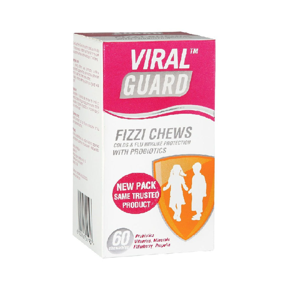 Viral Guard Fizzi Chews Colds & Flu Immune Protection 60 Chewables combines herbal extracts, vitamins and minerals to promote a healthy immune system in children. Added probiotics also play a role in immune health, while propolis and elderberry extracts help ward off colds and flu.